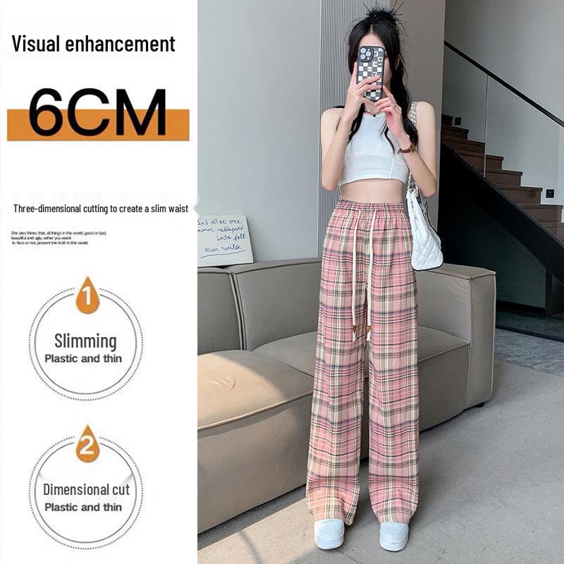 Petite Pink Plaid Ice Silk Wide-Leg Pants: Summer Casual Loose Fit, Straight Floor-Length Style