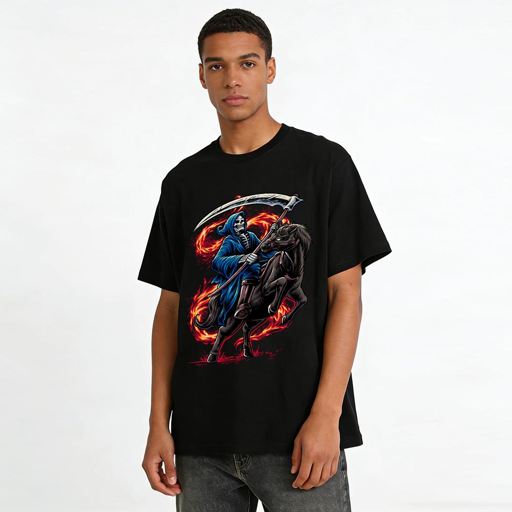 Dark Style Grim Reaper Riding Horse Print Trendy Cool Short Sleeve T-Shirt Pure cotton T-shirt