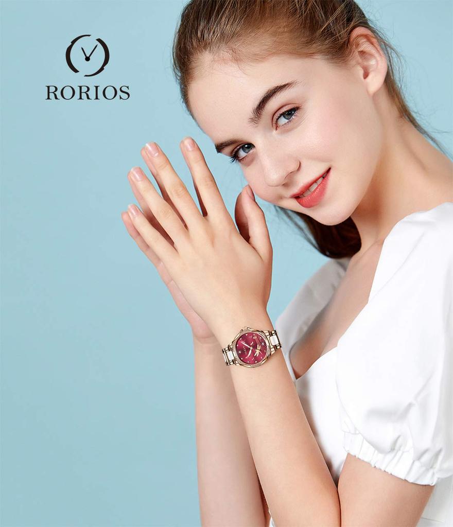 RORIOS Cute and Stylish Mechanical Automatic Watch with Dragonfly Luminous Hollow Ceramic Business Red Women's Watch, Decoration, Band, Watch,