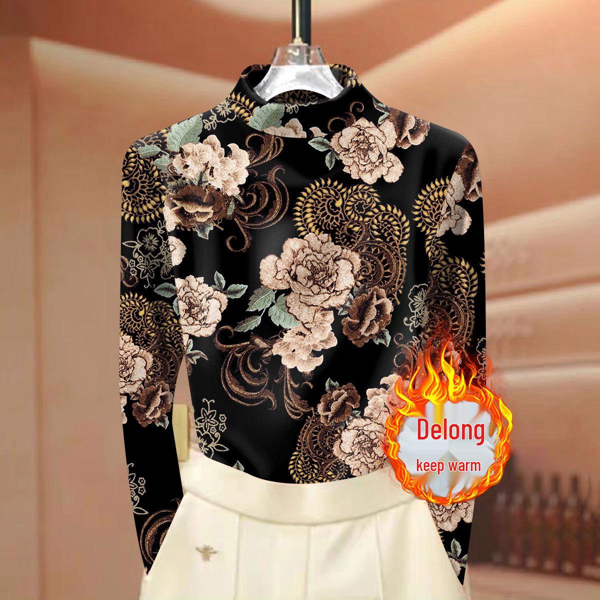 

Ribbed Plush Floral Base Layer Top for Women, Semi-High Neck, Long Sleeve, Warm & Slimming, Autumn/Winter Collection. M (Under 90 lbs)