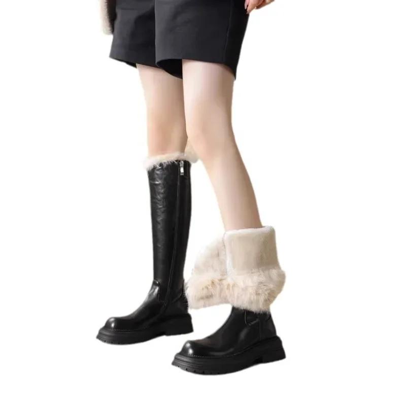 Fashion Women Long Boots 2024 Winter Warm Plush Knight Boot New Style Side Zipper Waterproof Non Slip PU Leather Cold Proof Cotton Boots