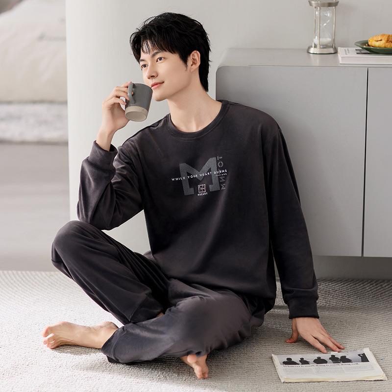 

Пижама мужская осенне-зимняя теплая из островного флиса с длинным рукавом, пуловер с круглым вырезом, коралловый флис, домашняя одежда, тонкий флис, большой размер, комплект XL