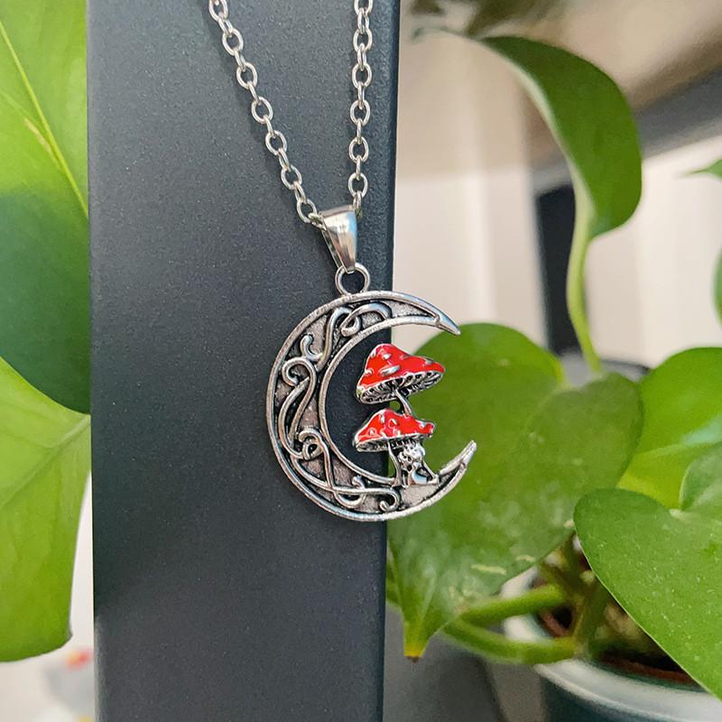 Unique Alloy Fashionable Moon And Cute Red Mushroom Pendant Necklace All For