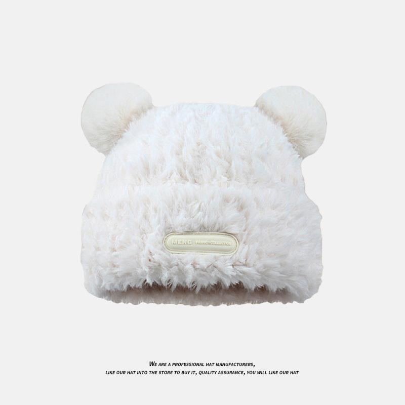 

Милая шапка с медвежьими ушками для женщин, зимняя теплая мягкая плюшевая вязаная шапка, модная и универсальная шапка из шерсти с защитой ушей One size