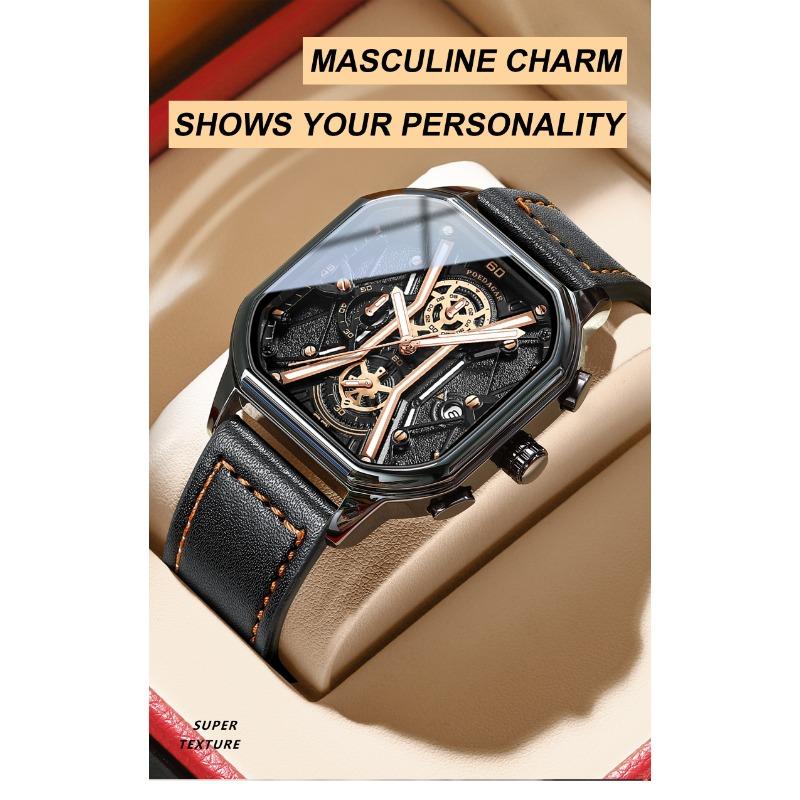 POEDAGAR Fashion Men Wristwatches Luxury Chronograph Luminous Waterproof Date Watch Square Dial Leather Quartz Watches