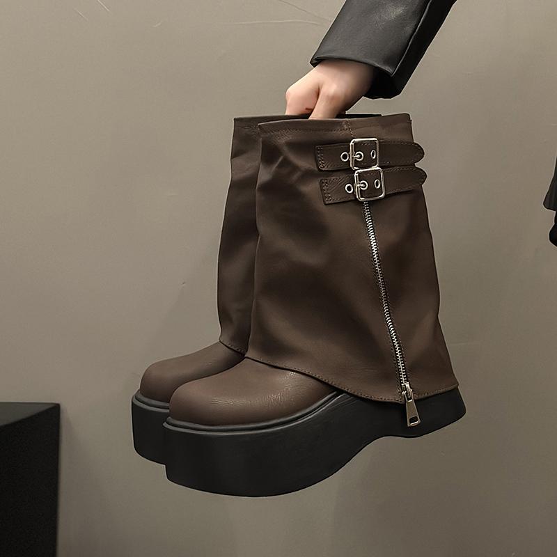 

Punk Style Platform Thick Bottom Women Mordern Boots Fashion Button Combination Splicing Height Increase Short Booties 35