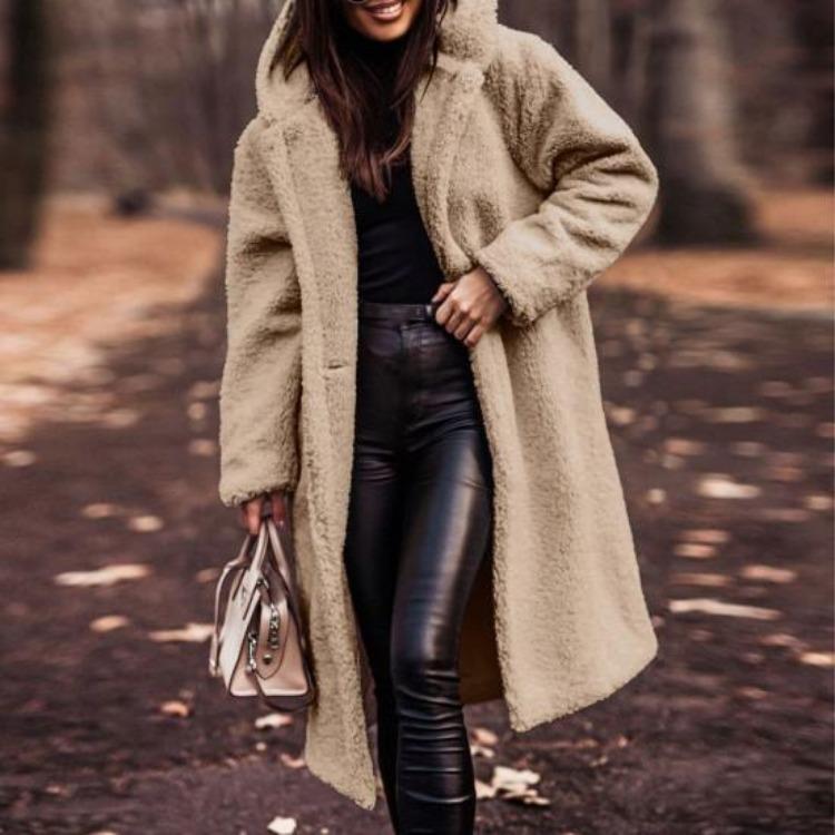 Warm Winter Coat for Women Thick Woolen Mid Calf Overcoat with Hooded Hat Long Sleeve Solid Color Outdoor Lady Jacket