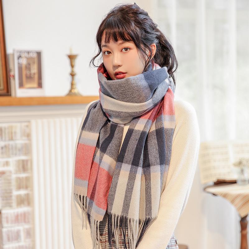 100% Wool Scarf Women Thicken Warm Pink Plaid Echarpe Shawls and Wraps Checkered Pashmina Winter Cashmere Scarves Foulard Femme