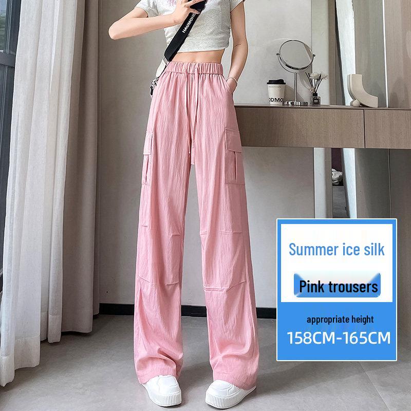Women's Small Straight Leg Work Pants - Summer Ice Silk, Designer-Style, Elastic High Waist, Wide Leg, Floor-length