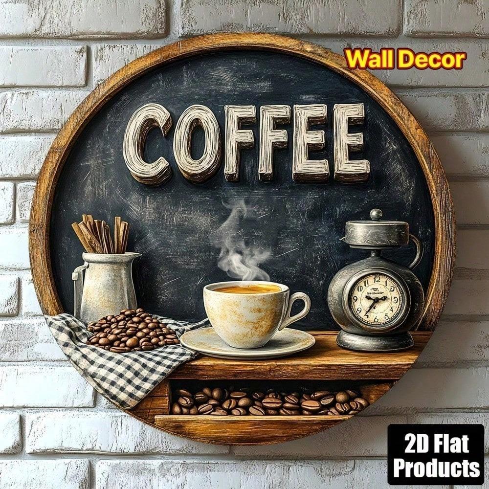 Vintage Round Metal Coffee Shop Sign, 2D Wall Art for Kitchen Cafe Home, Rustic Retro Bar Decor, Great Holiday Gift