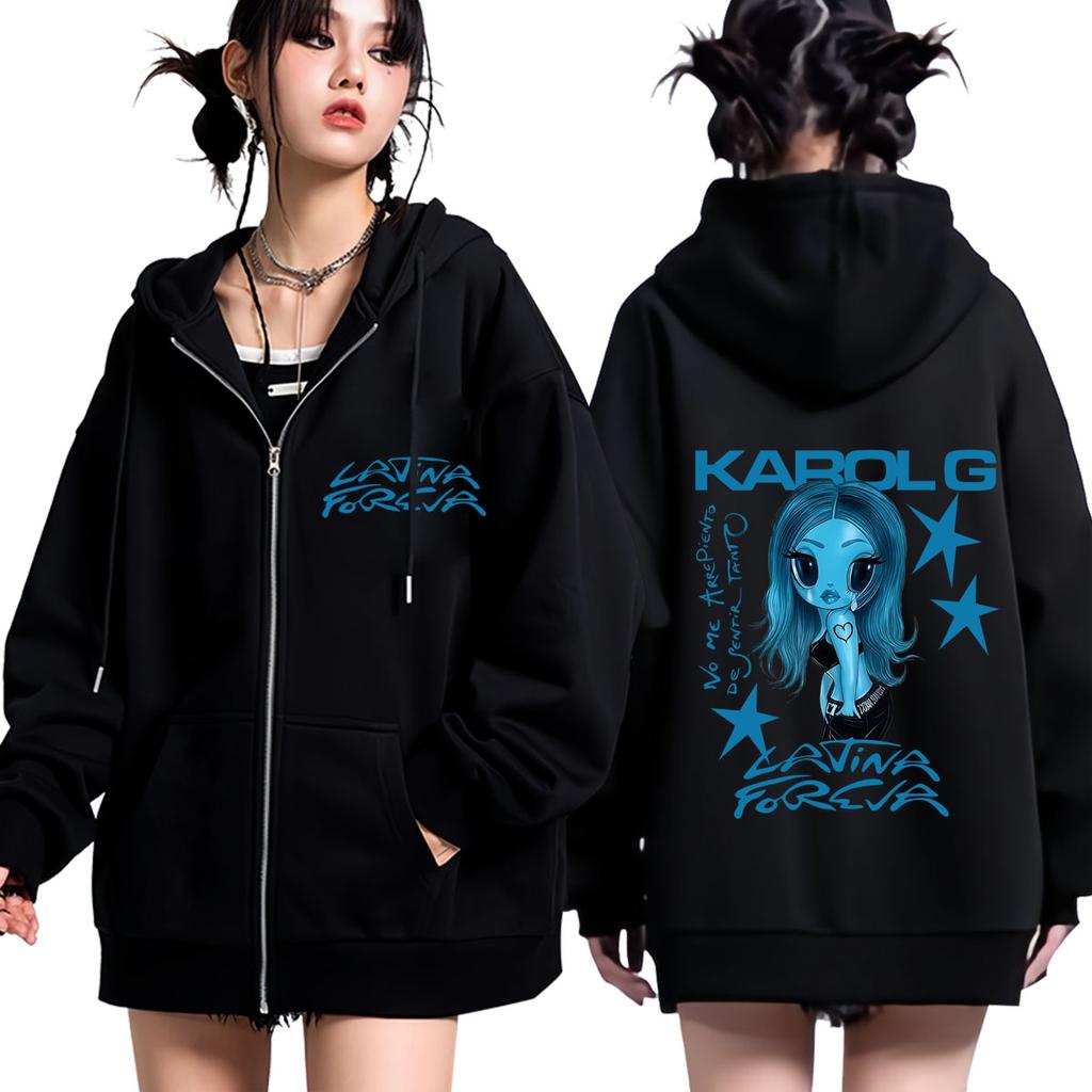 Karol G Album No Me Arrepiento Print Zipper Hoodie Men Women Fashion Sweatshirt Vintage Zip Up Jacket Coats