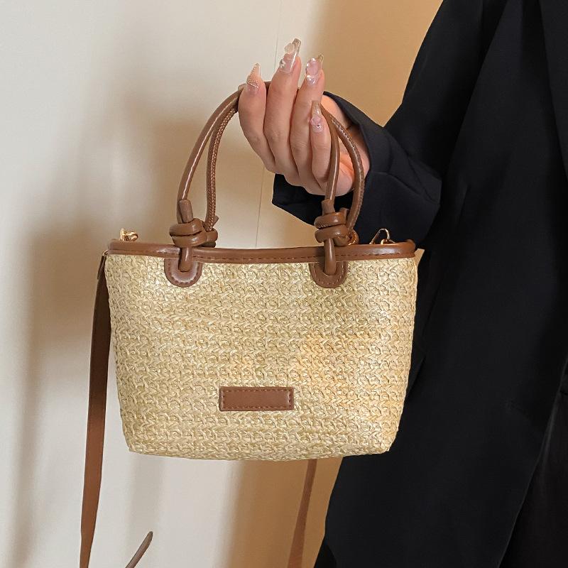 Geantă de paie țesută pentru vacanță de vară, geantă de mână crossbody, stil nou la modă, cu frânghie înnodată, geantă de coș de legume țesută, geantă