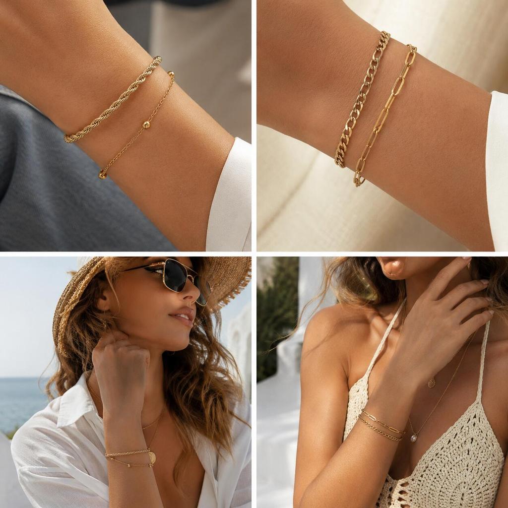 Minimalist Bracelet Women, Adjustable Layered Gold Plated Chain Bracelet Stainless Steel Tarnish Free Jewelry