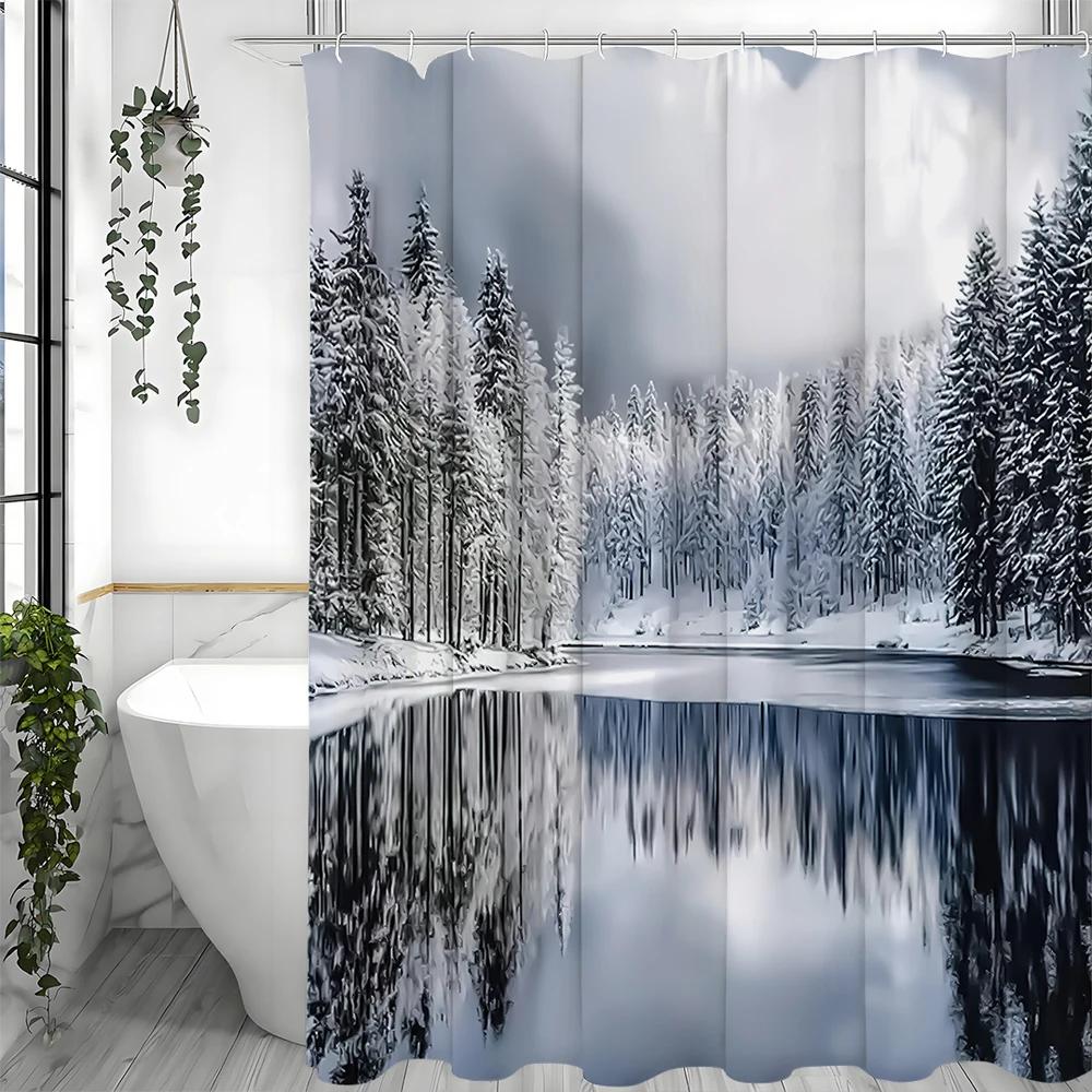 Winter Beautiful Snow White Forest Clear Lake Shower Curtain, Bathroom Decorative Shower Curtain, Waterproof Shower Curtain with