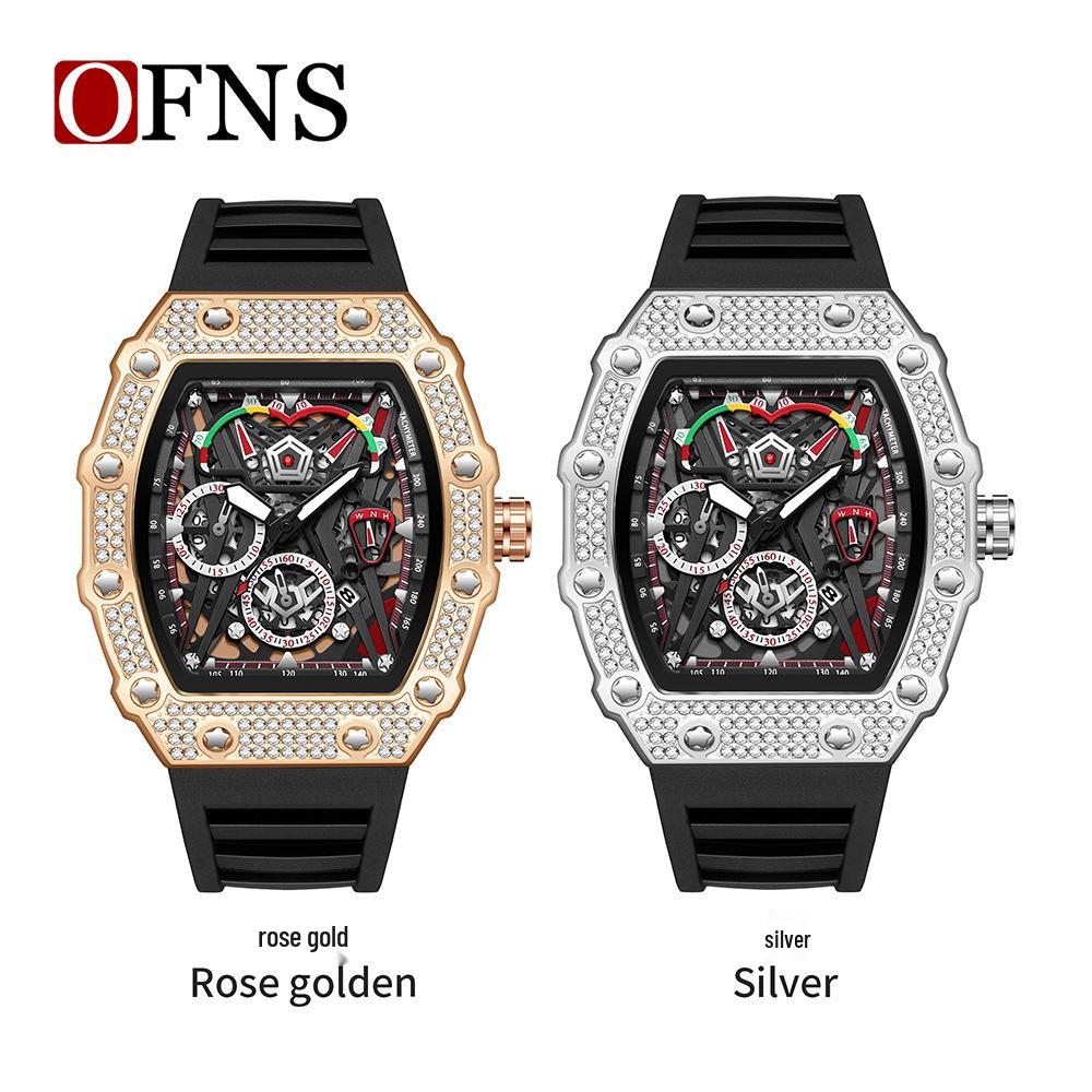Oufannishi Barrel-Shaped Quartz Waterproof Skeleton Men's Watch with Calendar and Luminous Features