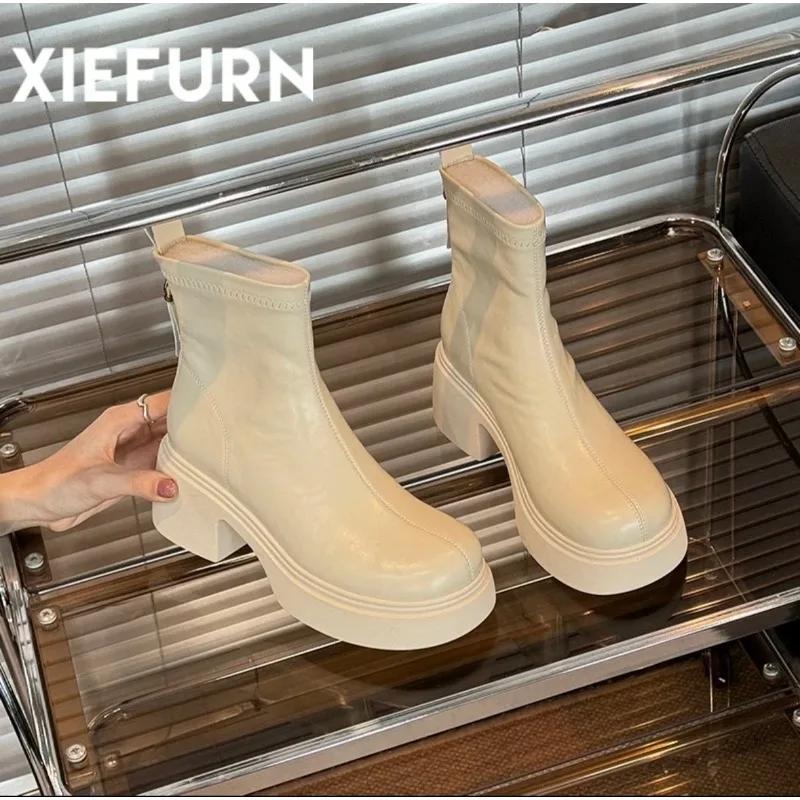 

Модные ботильоны на толстой подошве для женщин Весенне-осенняя мода Черные Белые Женская обувь Массивный высокий каблук Круглый носок Короткие ботильоны 35 бежевый