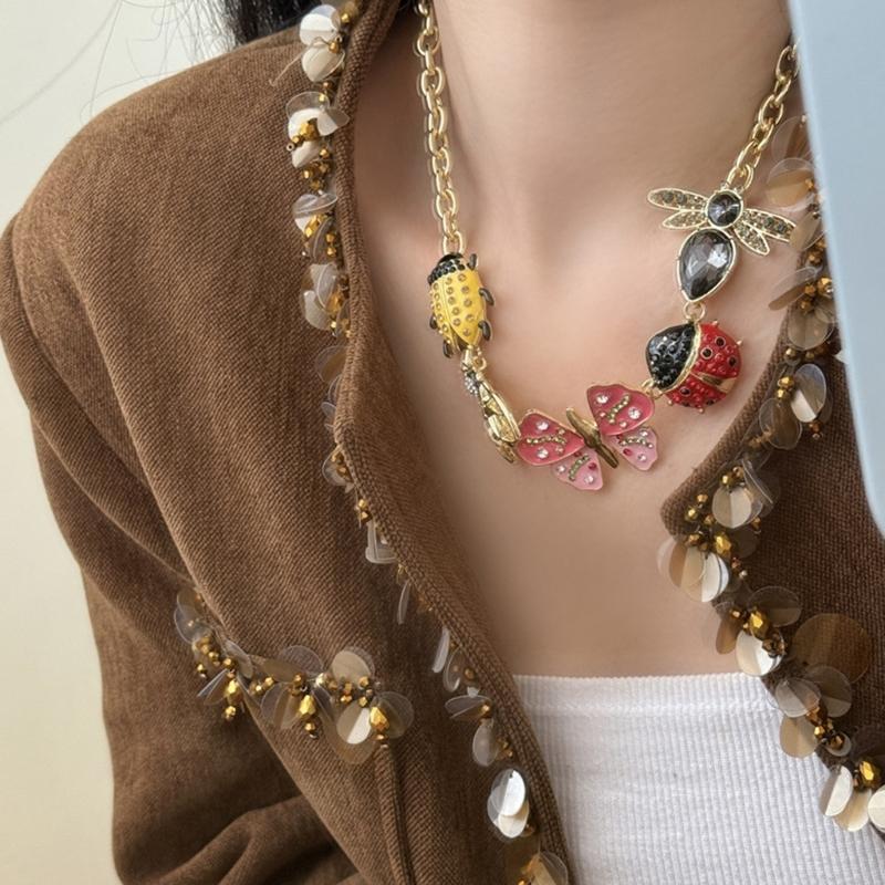 Vintage Punk Smycken Med Färgglada Fjärilar Nyckelpigor Berlock För Kvinnor Handgjordt Halsband Justerbar Längd Halskedja