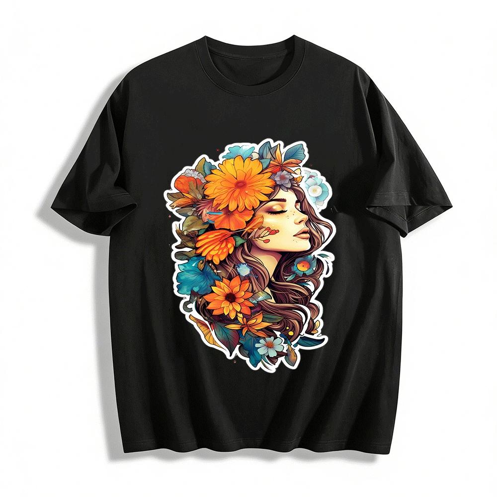 

Bohemian Floral Girl Print Casual Breathable Crewneck Tee Pure cotton T-shirt XXS