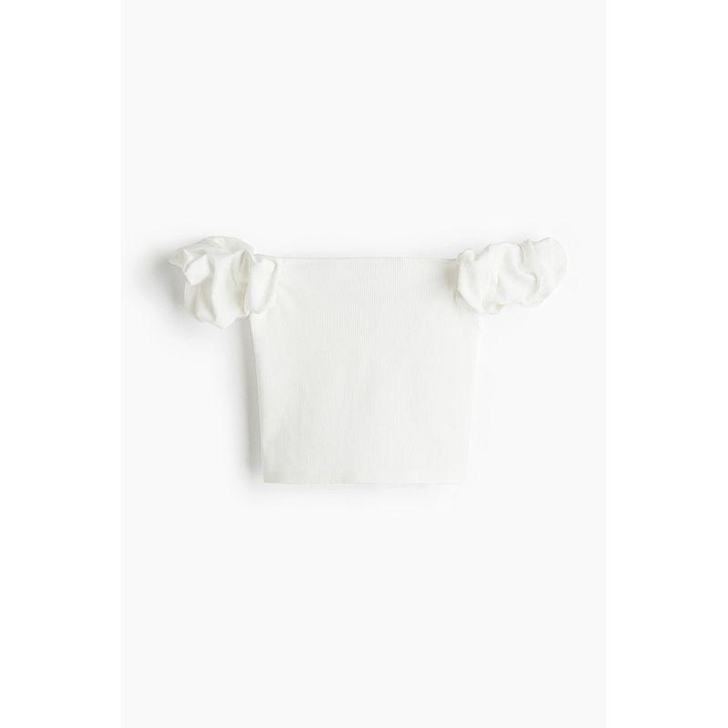 

HM Women s T-shirt 2025 Summer New Arrival Summer Vacation Plaid Puff Sleeves off-the-Shoulder Beach Tops 1296397 White 175/116