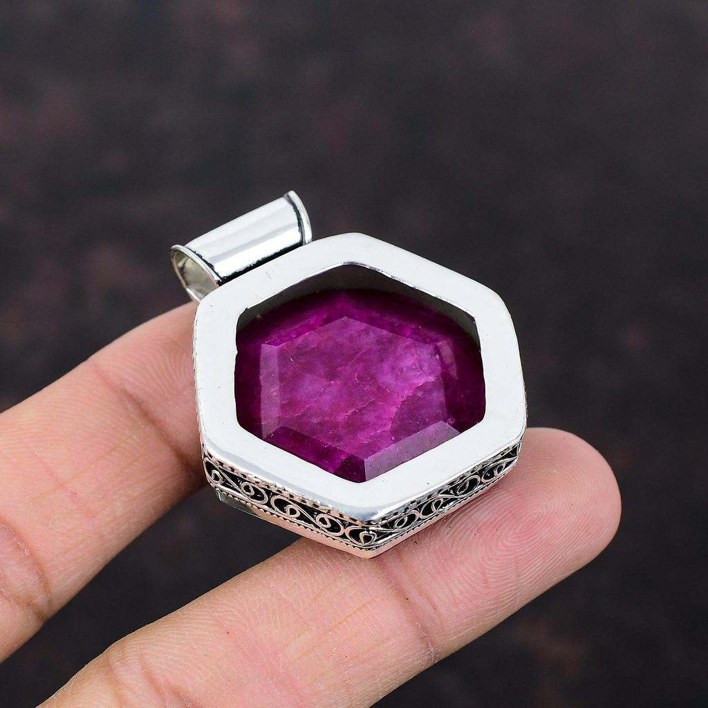 Faceted Kashmir Ruby Pendant Genuine Gemstone Pendant 925 Sterling Silver Pendant Kashmir Ruby Jewelry Handmade Vintage Pendant Gift For Him