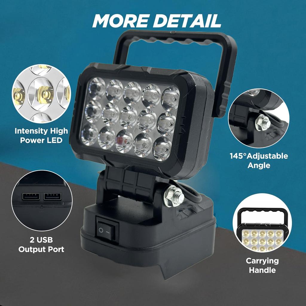 1-inch LED Work Light Suitable For Makita/Milwaukee/Dewalt 18V Battery With Handle And USB Interface Flashlight(No Battery)