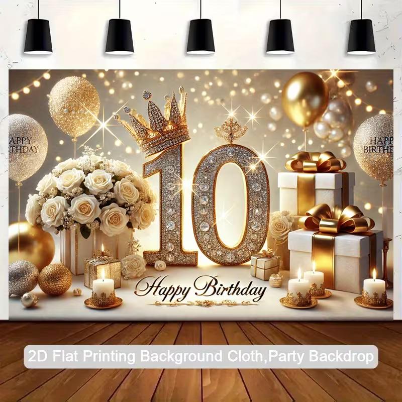 2D 10th Birthday Backdrop, Gold Glitter Banner for Party & Photo Booth