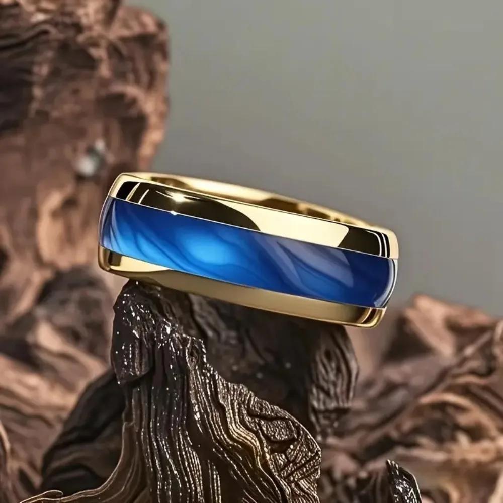 8MM  Sapphire Stainless Steel Ring Women Men Engagement Wedding Band Jewelry Gold Color Personality Steel Ring for Gift