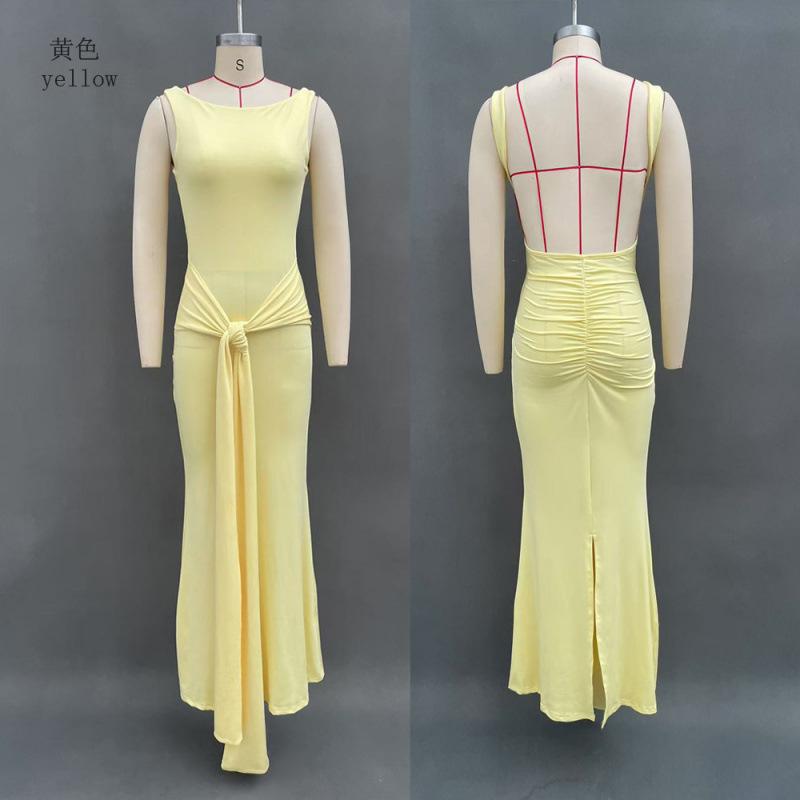 European and American Style Autumn Dress Solid Color Slim-fitting Streamer Backless Sexy Temperament Hip-wrapped Long Women's Dress