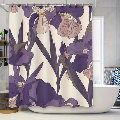 Elegant Floral Print Shower Curtain Waterproof Bathroom Decor Fabric Shower Closures Purple White