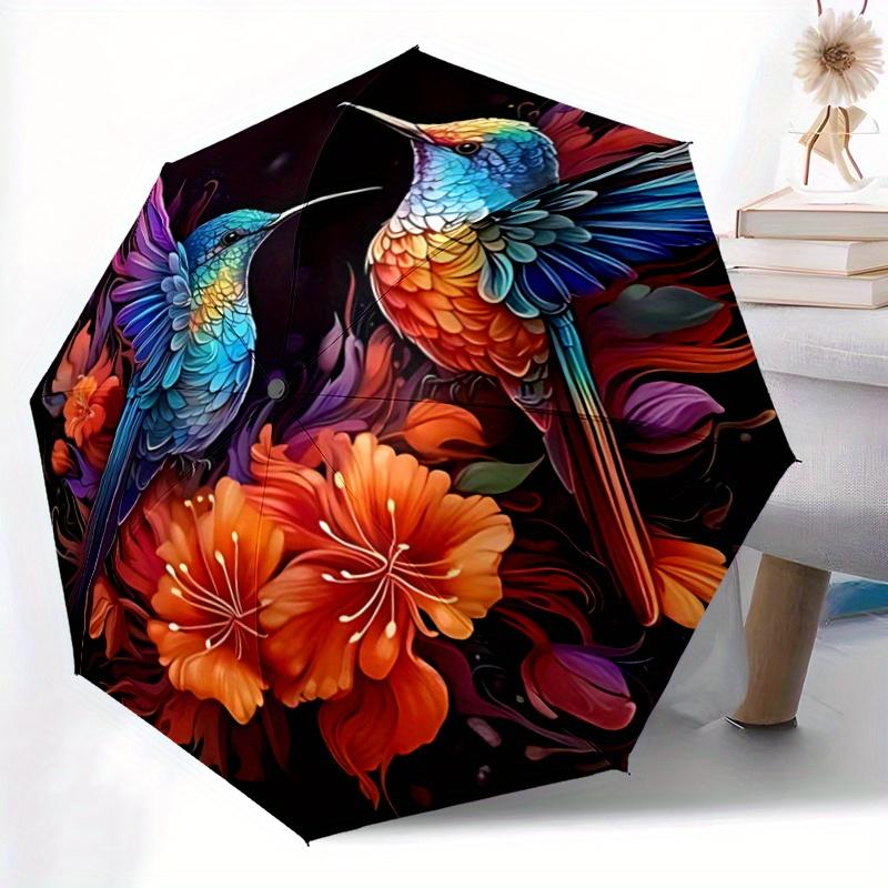 1pc Colorful Hummingbirds Amidst Vibrant Flowers Durable Cartoon Folding Umbrella,Compact Umbrella for Men and Women, Suitable for or Daily Use.N018