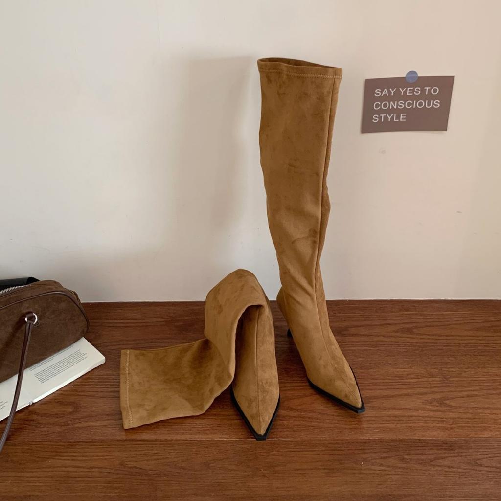 2025 Winter New Pointed Suede Boots Tall But Knee Thin High Heel Women's Boots Knight Thin Sexy Stacking Boots
