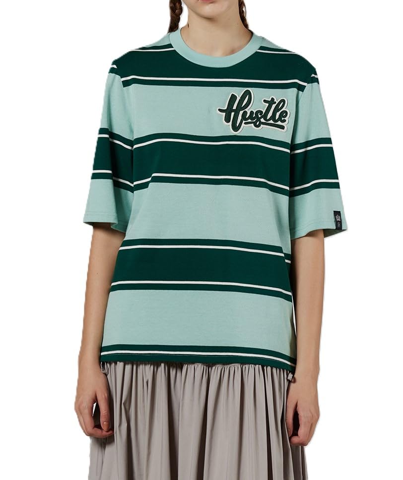 

Double Standard Clothing Green Striped Jersey with Embroidered Patch Women s T-Shirt (0208-420-251)