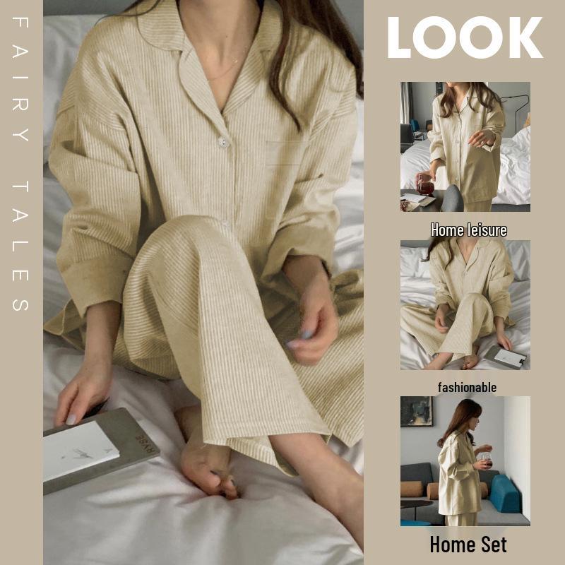 

Женский полосатый пижамный комплект с длинным рукавом - Повседневная и элегантная домашняя одежда из двух частей M (recommended for 80-100 jin)