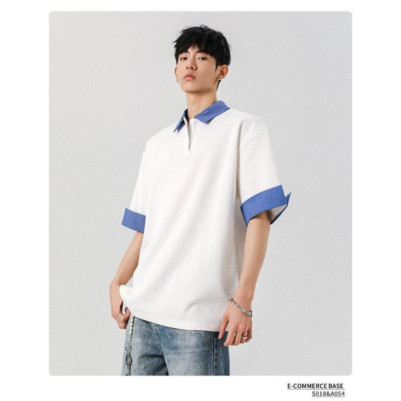 Men Loose Drop Shoulder Color Block Turn Down Collar Short Sleeve Polo T Shirt