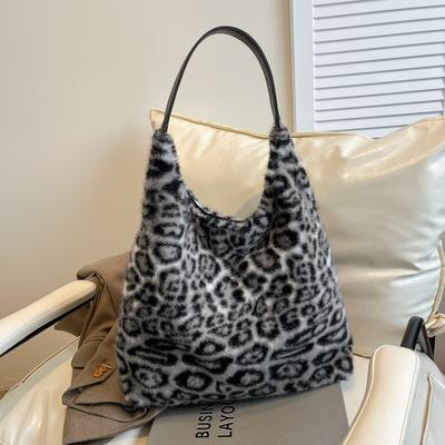 2025 Autumn and Winter New Imitation Mink Leopard Print Tote Bag Shoulder Hair Bag Tote Bag Plush Bag Student Bag