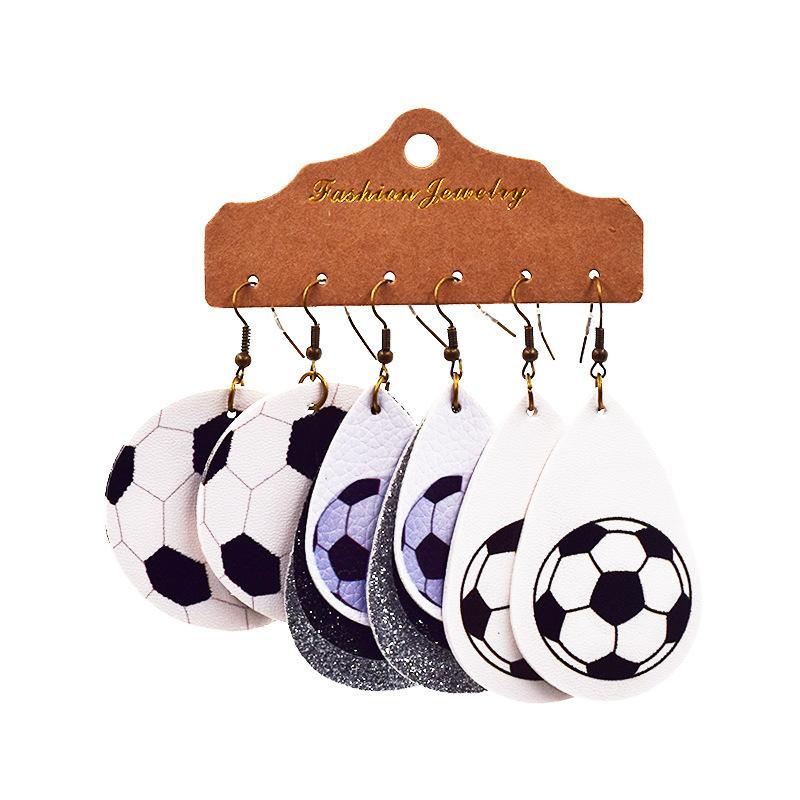 World Cup sports ball drop-shaped leather earrings, basketball, football, rugby, baseball earrings, multi-layered earrings, three pairs in one pack