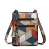 Vintage PU Leather Shoulder Crossbody Top Handle Bag Middle Aged Women Plaid Color Block Fringe Tassel Mummy Handbag
