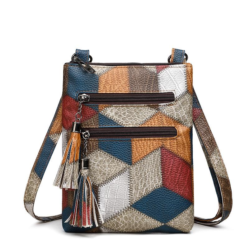 Vintage PU Leather Shoulder Crossbody Top Handle Bag Middle Aged Women Plaid Color Block Fringe Tassel Mummy Handbag