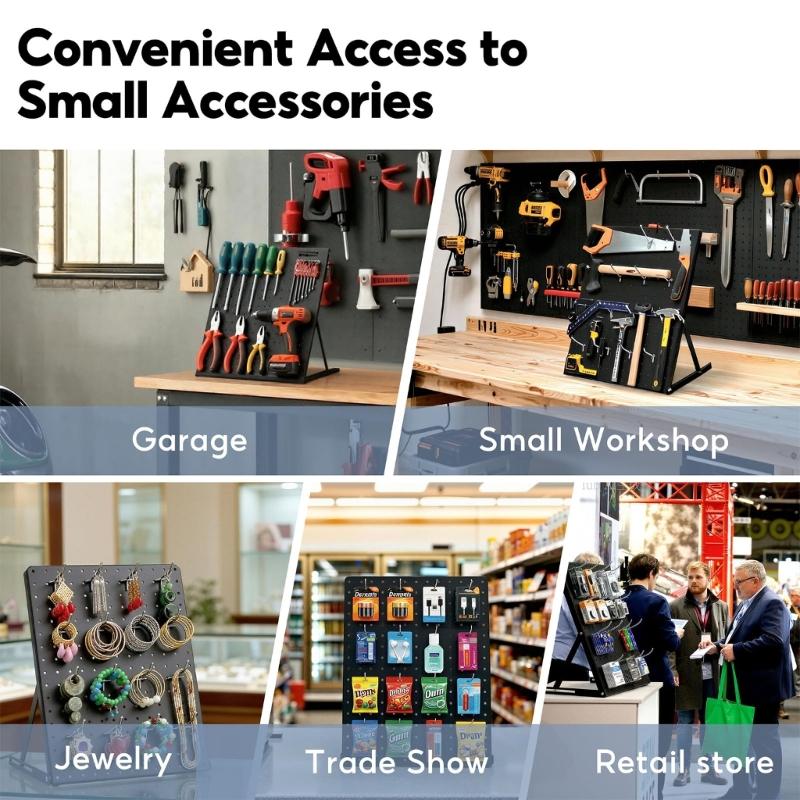 Metal Jewelry Display Rack with Open Pegboard Panel, 16 Movable Hooks and Adjustable Viewing Positions for Tabletop Retail and Craft Fair Displays