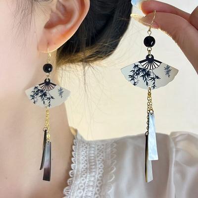 Steel Fun Jewelry New Chinese Style Fan Shell Pendent Long Tassel Dangle National Style Earrings for Women Jewelry Gift 2024