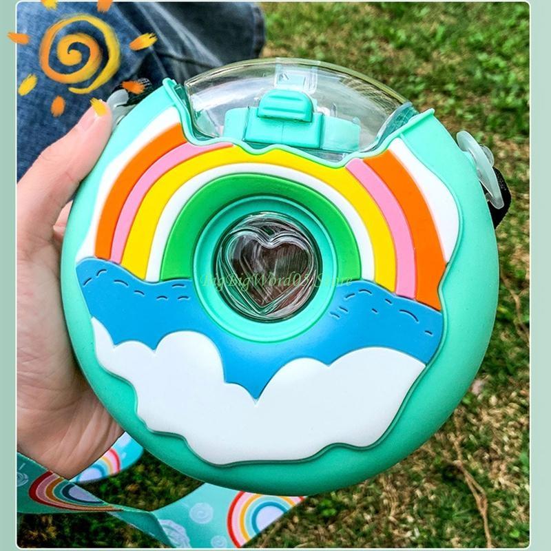 

24TE Sweet Buns Shape Round Water Bottle with Straw Shoulder Strap Kids Student Portable School Leakproof Drink Cup Kettle