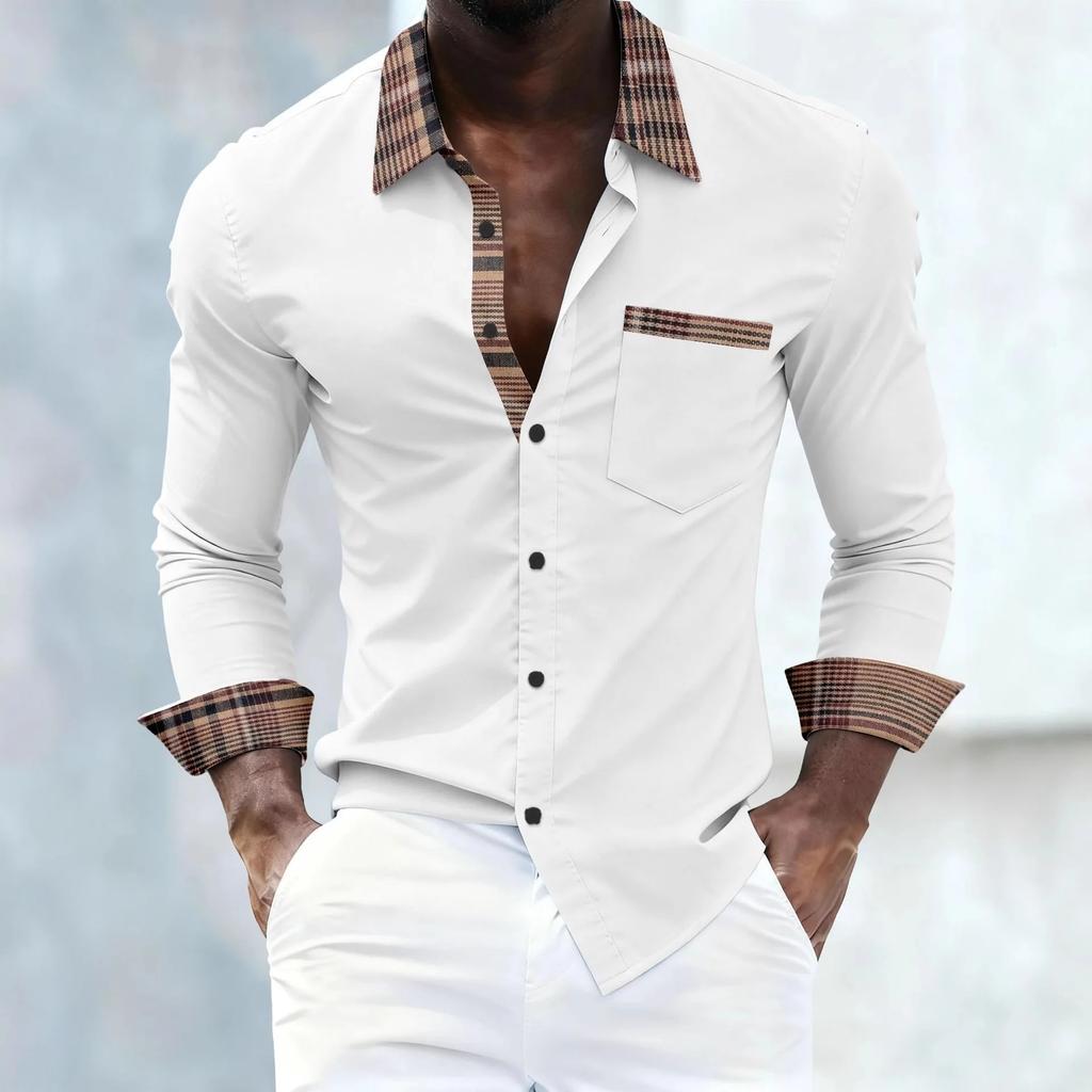Spring/Autumn Men's New Style Business Casual Fashion Party Shirt with Collar Patchwork and Pocketed Long Sleeve Top