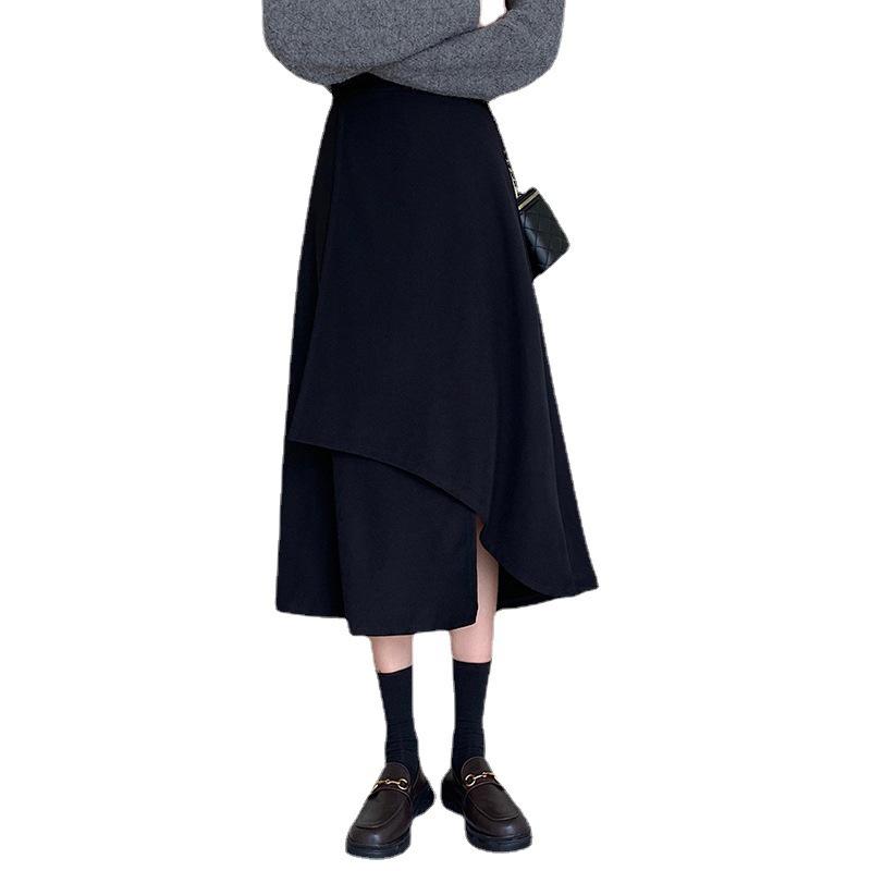 Black A-Line High Waist Plus Size Mid-Length Skirt for Women - Spring/Autumn Casual Irregular Umbrella Design