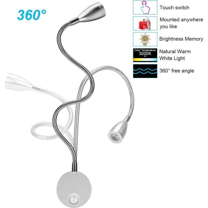 Lampe chevet murale - ledmo - 2 lumières - 3w - 3000k blanc chaud - applique liseuse