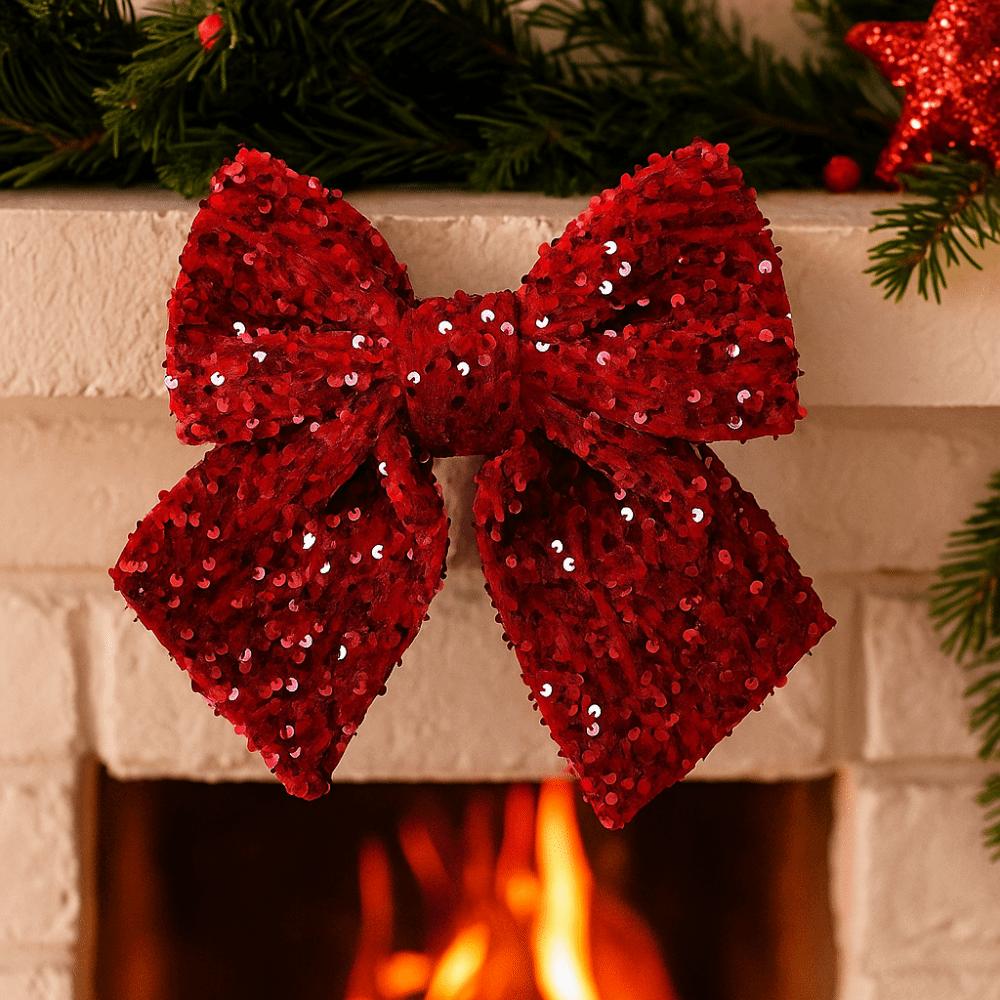 Sparkling Christmas Bow Pendant Flocked with Ribbon Christmas Tree Bowknot DIY Xmas Hanging Ornaments Fireplace