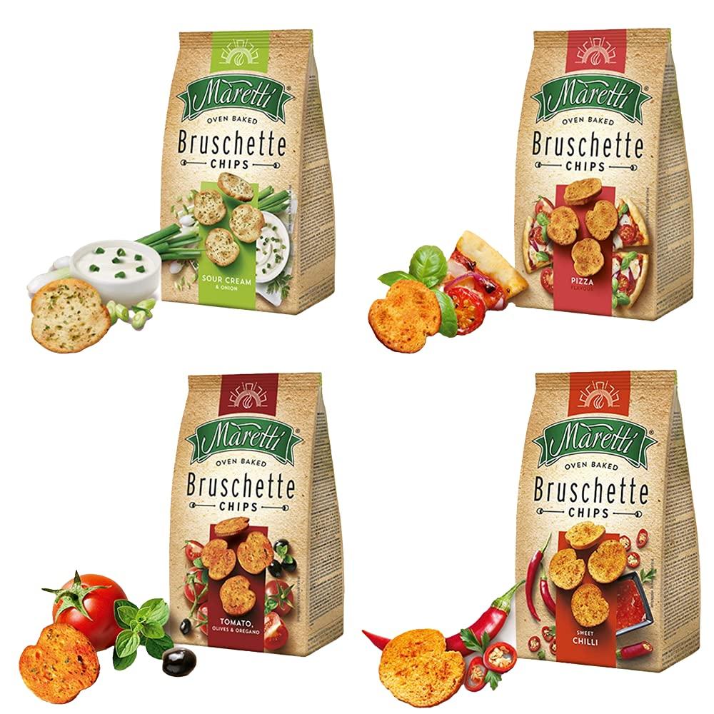 

Maretti Oven Baked Bruschette Chips Sweet Chili, Pizza Flavour, Sour Cream & Onion, Tomato Olives & Ore Gramsano, 70g Each, Combo of 4