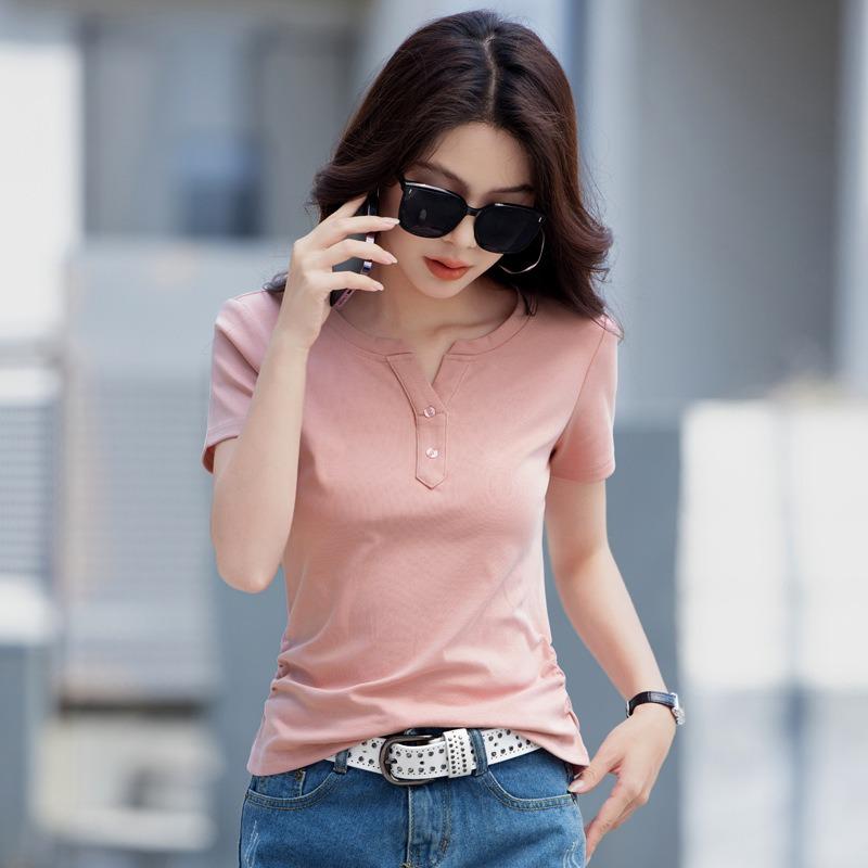 Women's Spring and Summer New Fashion Korean Slim V-neck Short-sleeved T-shirt Small Shirt Thin Casual Tops