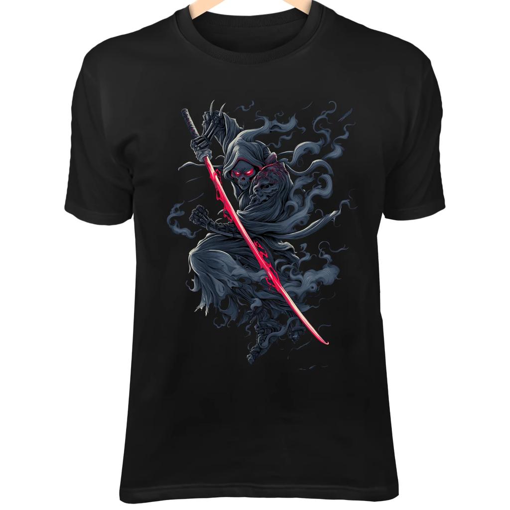 T-Shirt Crâne de Samouraï Démoniaque – Katana Lumineux, Yeux Rouges, Art Gothique Japonais