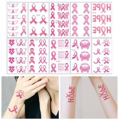 10ks/balení Růžová stuha DIY tetovací samolepky Ženy Dočasné body Art Tetování proti rakovině prsu Vodotěsné Odolné proti potu Jednorázové natlačovací