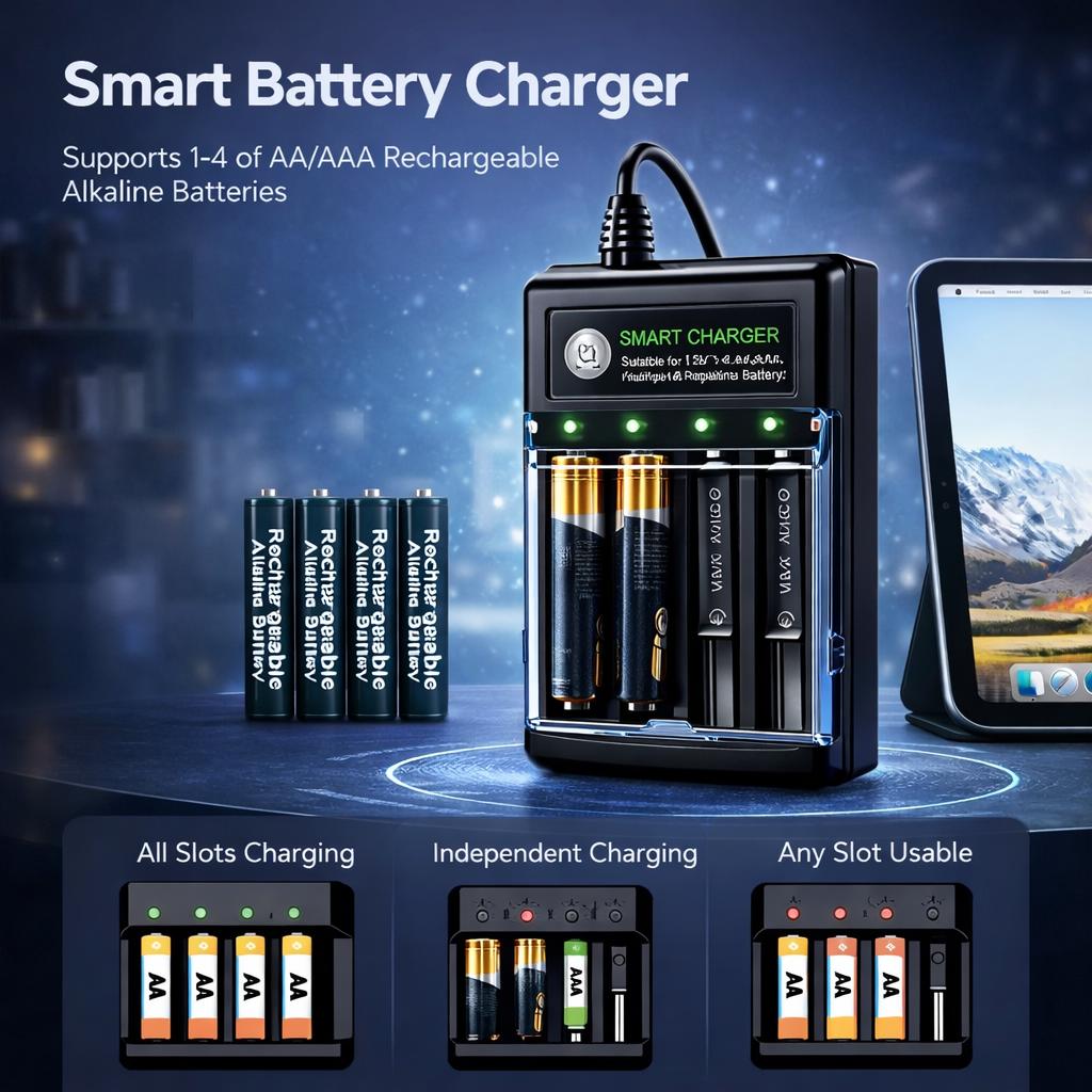 USB Smart 4 Slot Charger For 1.5V Rechargeable Alkaline AA AAA Batteries Only with LED Indicator